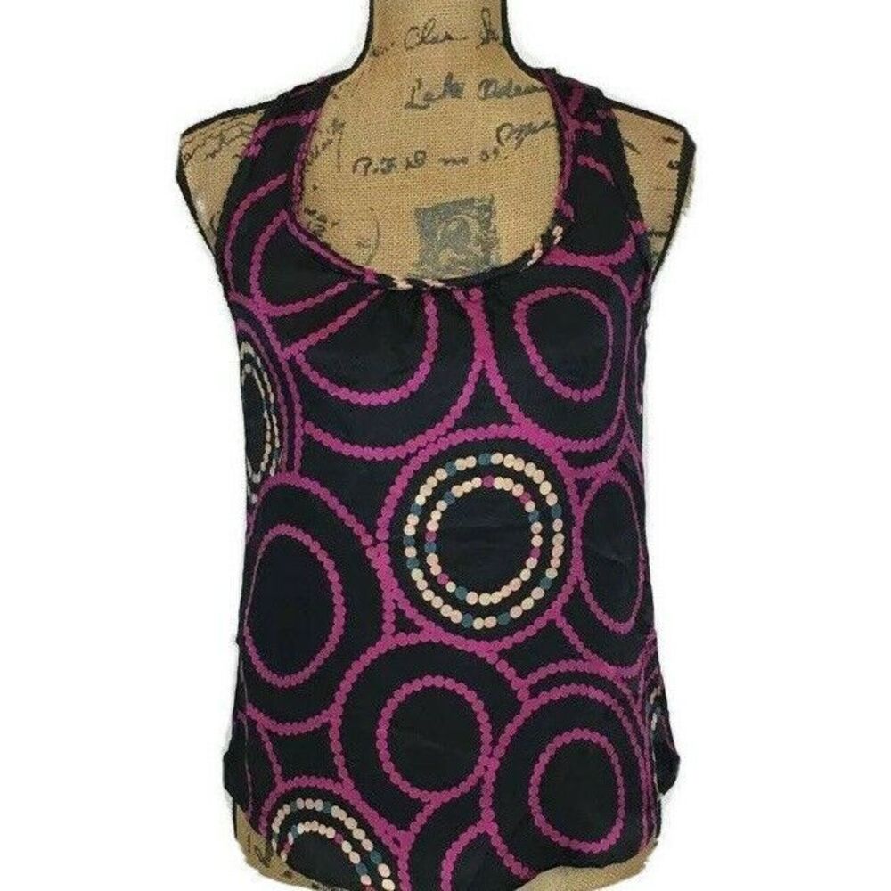 Trina Turk Tank Top XS Petite Black Fuchsia Beige 100% Silk Polka Dot Blouse